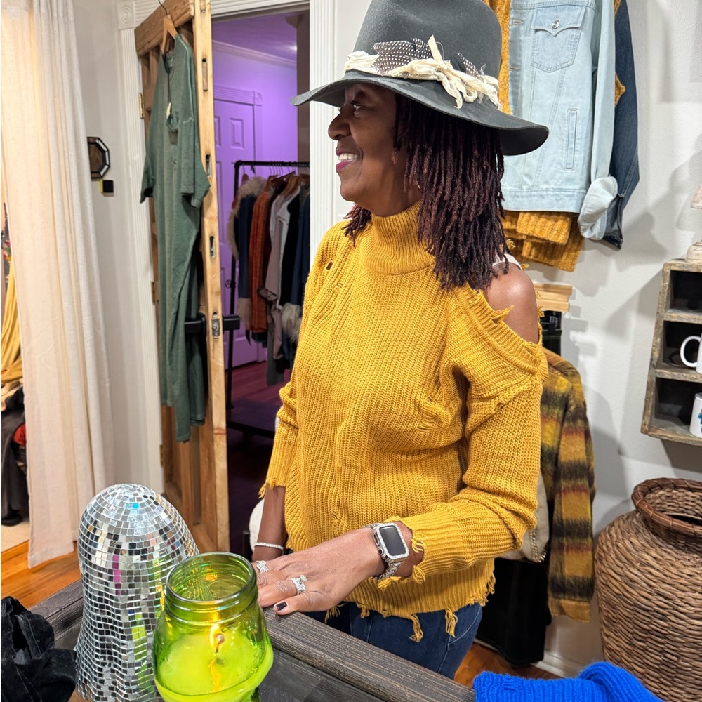 Lauren Cold shoulder distressed Sweater (Mustard)